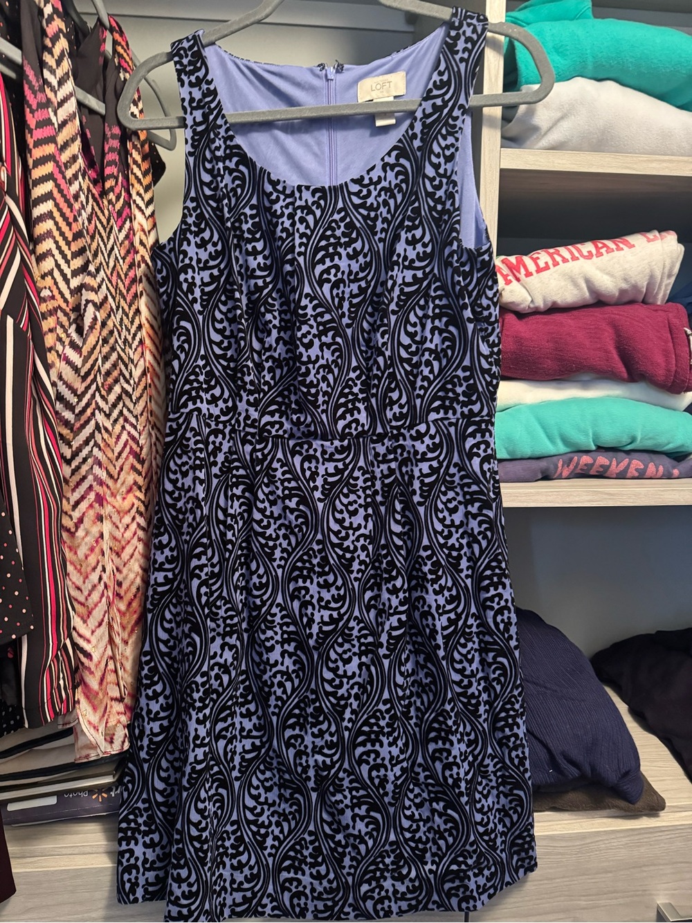 LOFT Lavender and Black Flocked Midi Dress